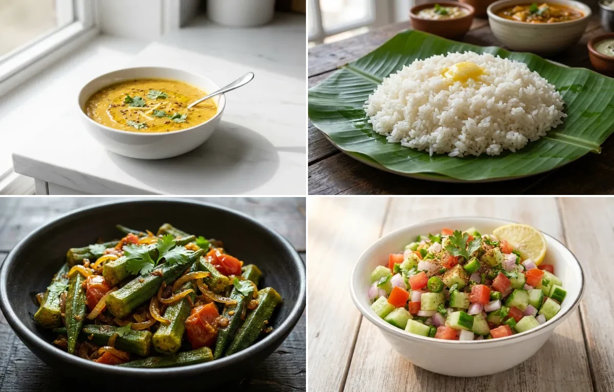 Toor Dal with Steamed White Rice with Bhindi Sabzi with Kachumber