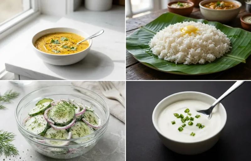 Toor Dal with Steamed White Rice with Cucumber Salad with Lactose-Free Curd