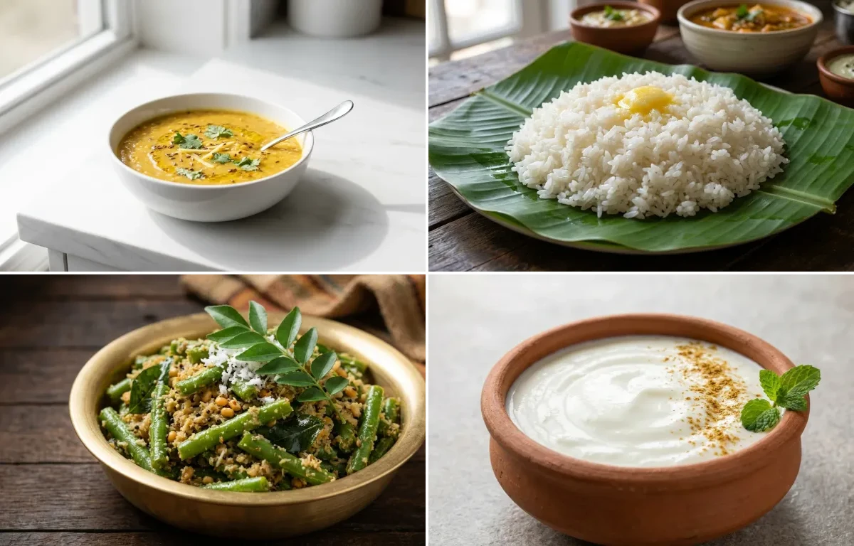Toor Dal with Steamed White Rice with French Beans Sukka with Dahi