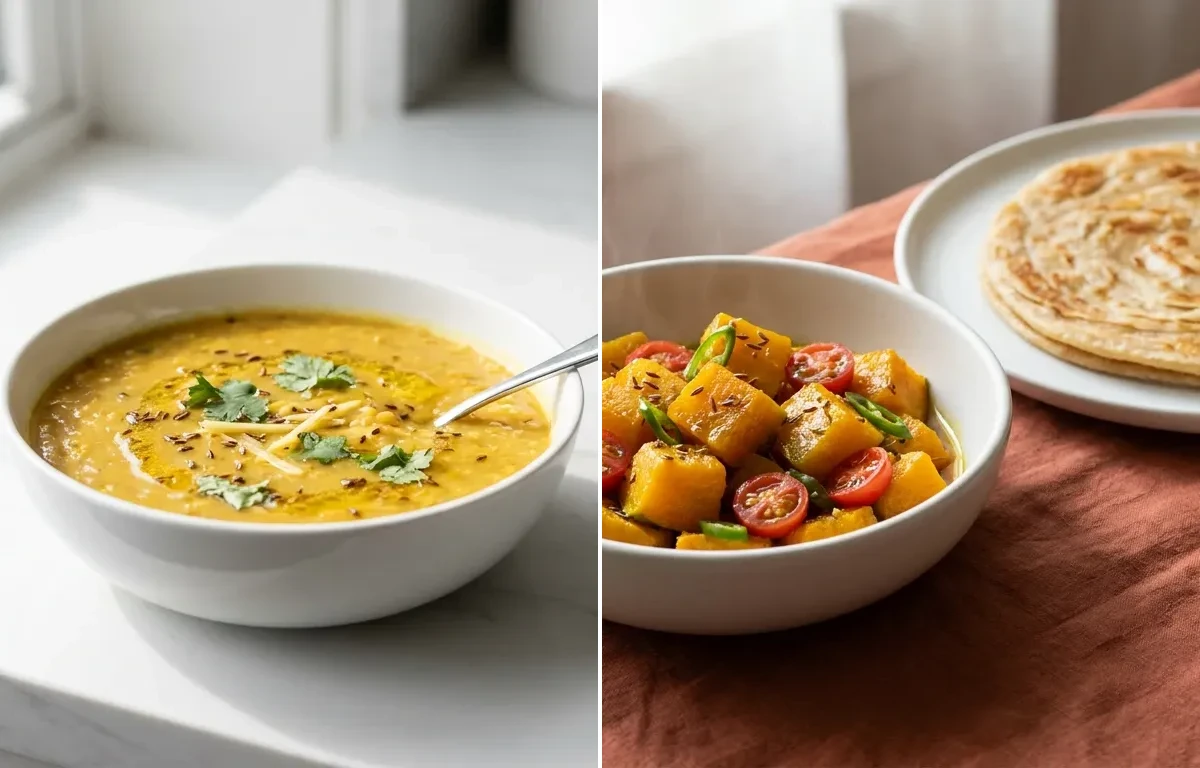 Toor Dal with Steamed White Rice with Kaddu Sabzi With Paratha