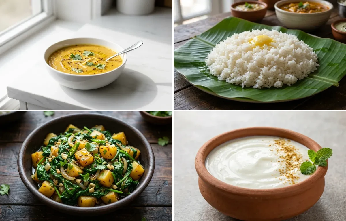 Toor Dal with Steamed White Rice with Paleng Xaak Bhaji with Dahi