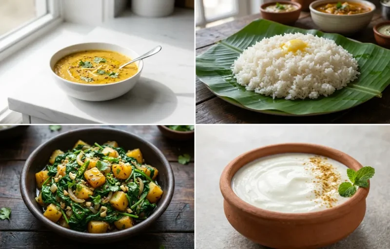 Toor Dal with Steamed White Rice with Paleng Xaak Bhaji with Dahi
