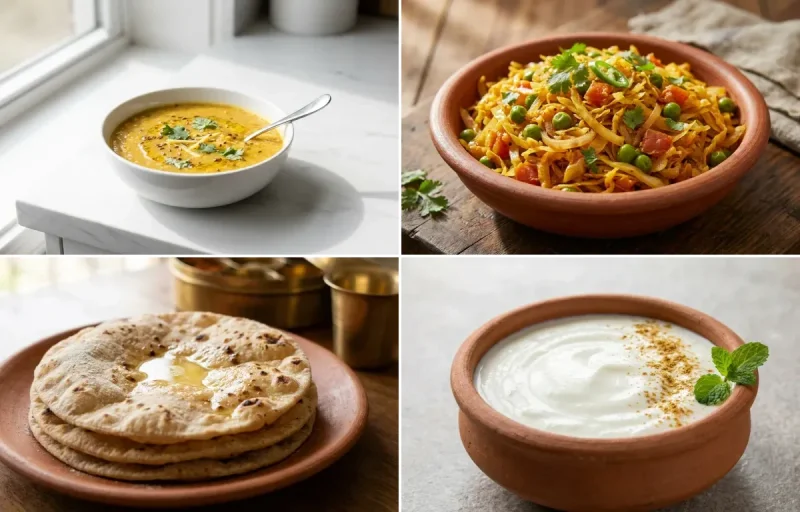 Toor Dal with Steamed Rice with Cabbage Sabzi with Roti with Dahi
