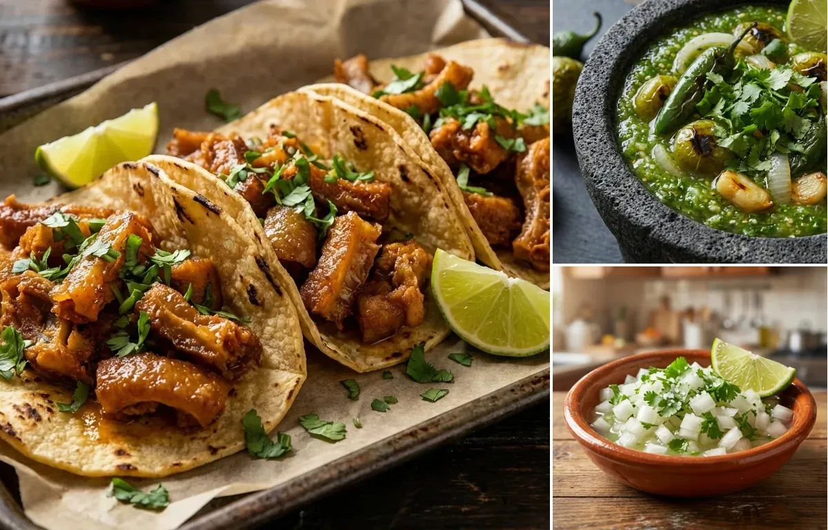 Tripas Tacos with Roasted Salsa Verde and Onion Cilantro Taco Topping