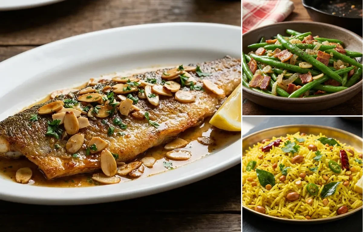 Trout Almondine with Sauteed Green Beans with Bacon and Lemon Rice