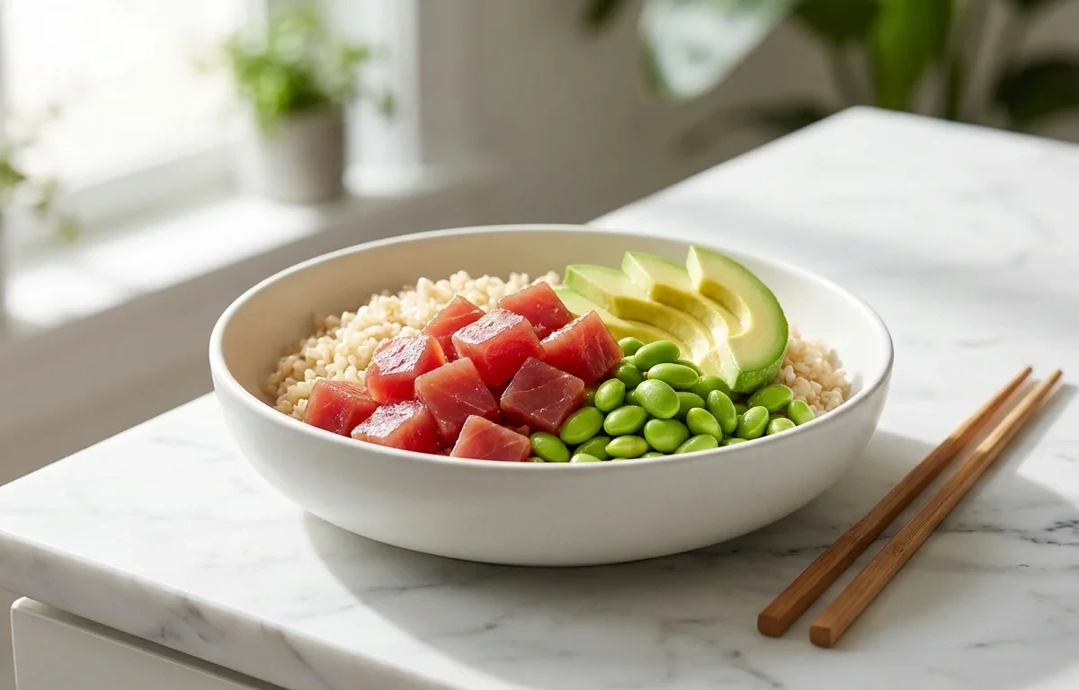 Tuna Poke Bowl with Edamame Avocado and Mango High Protein