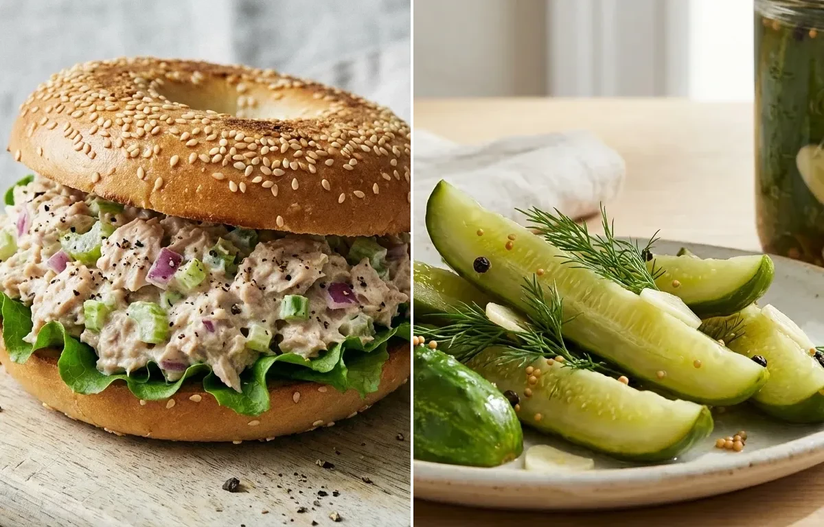 Tuna Salad Bagel Sandwich with Dill Pickle Spears