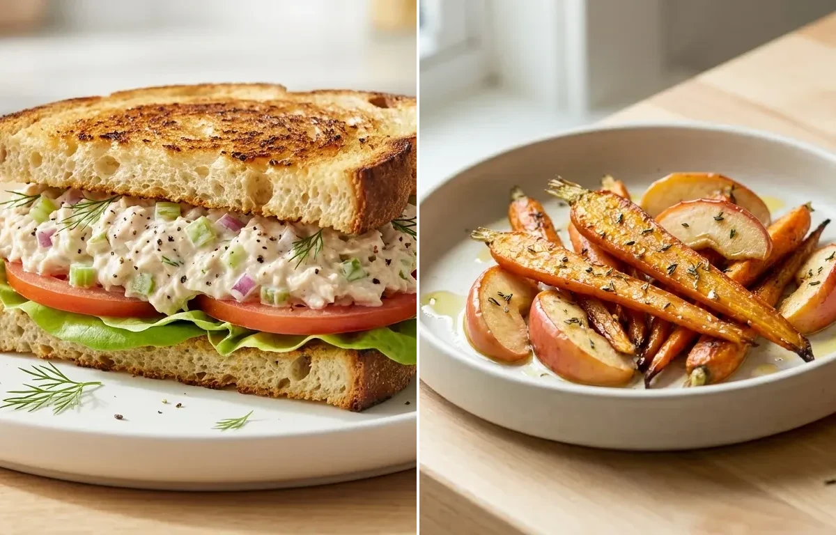 Tuna Salad Sandwich with Carrots and Apple