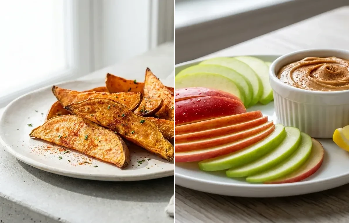 Tuna Sandwich with Vegan Sweet Potato Wedges Baked and Apple Slices With Peanut Butter