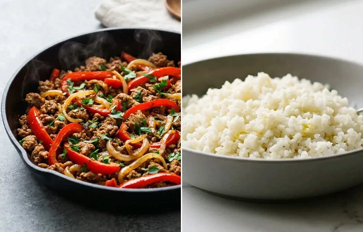 Turkey and Pepper Skillet with Steamed Cauliflower Rice