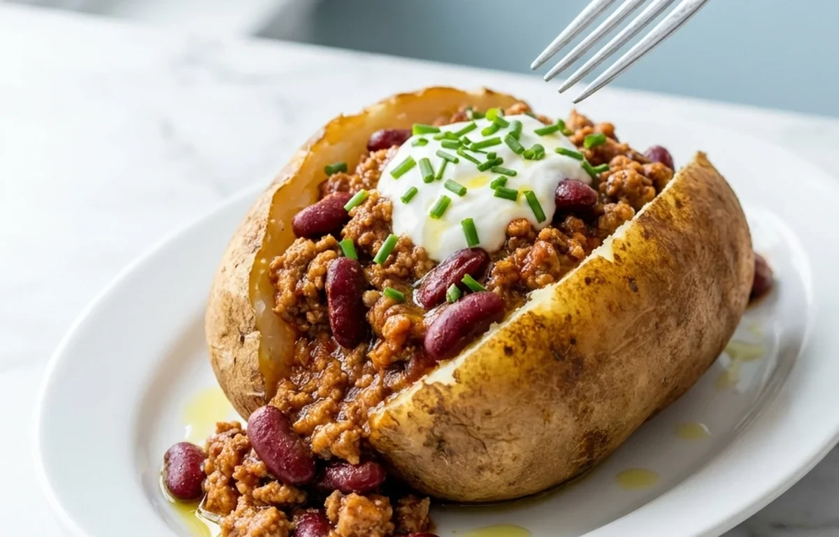 Turkey Chili over Baked Potato with Cheddar and Yogurt Avocado Toppings