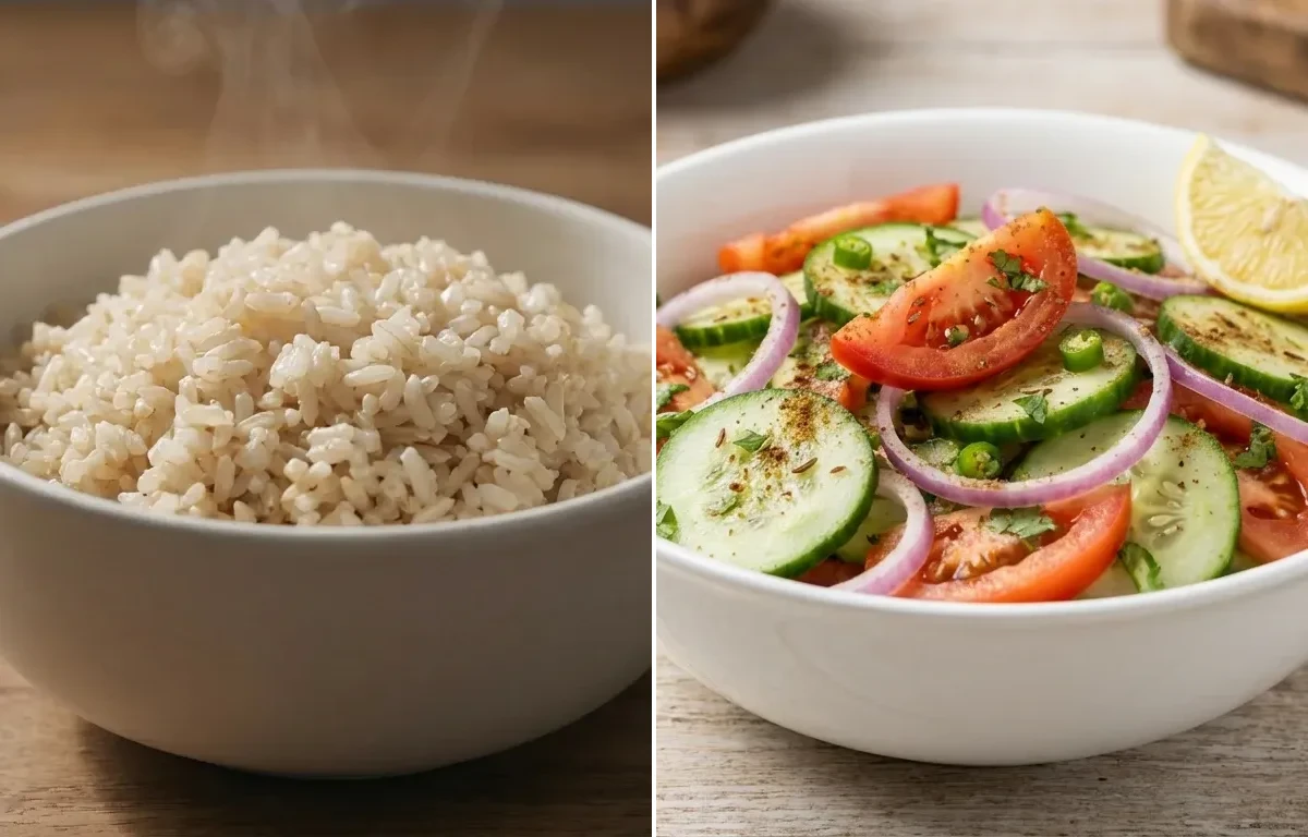Turkey Chili with Brown Rice and Cucumber Tomato Salad
