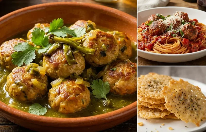 Turkey Meatballs in Green Chile Sauce with Spaghetti and Meatballs and Parmesan Crisps