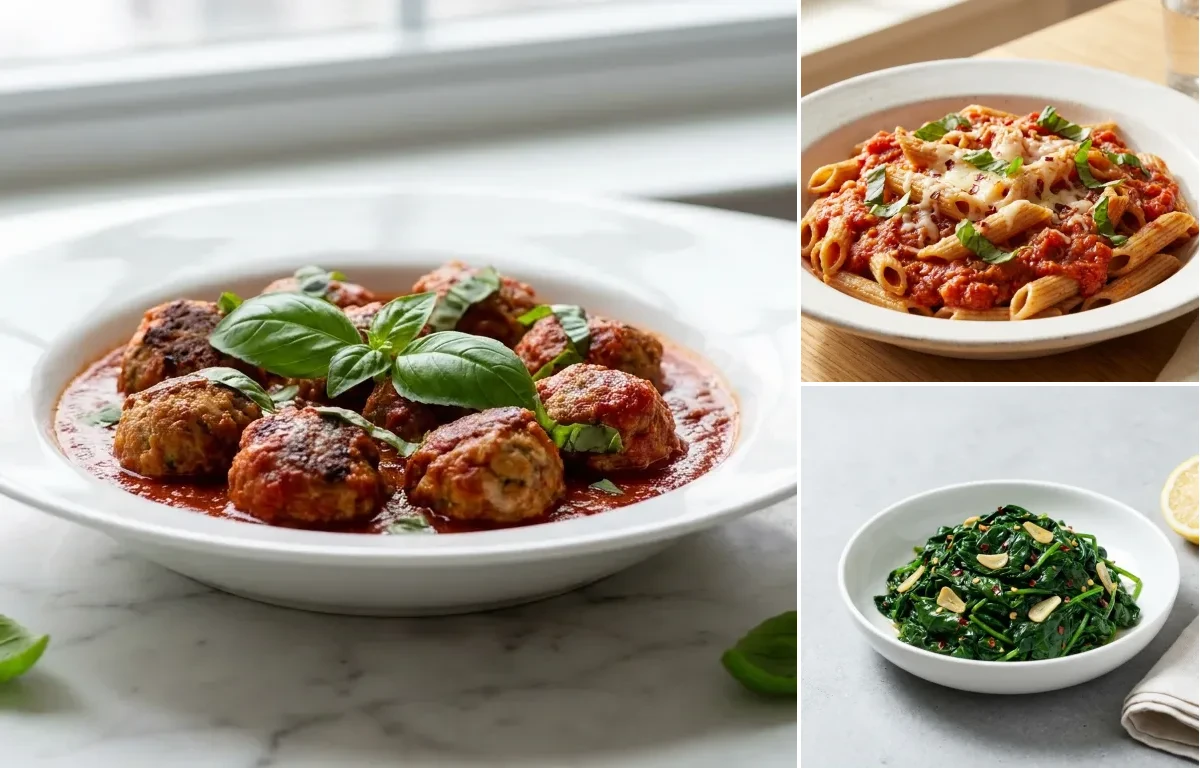Turkey Meatballs in Marinara with Whole Wheat Pasta with Sauted Spinach