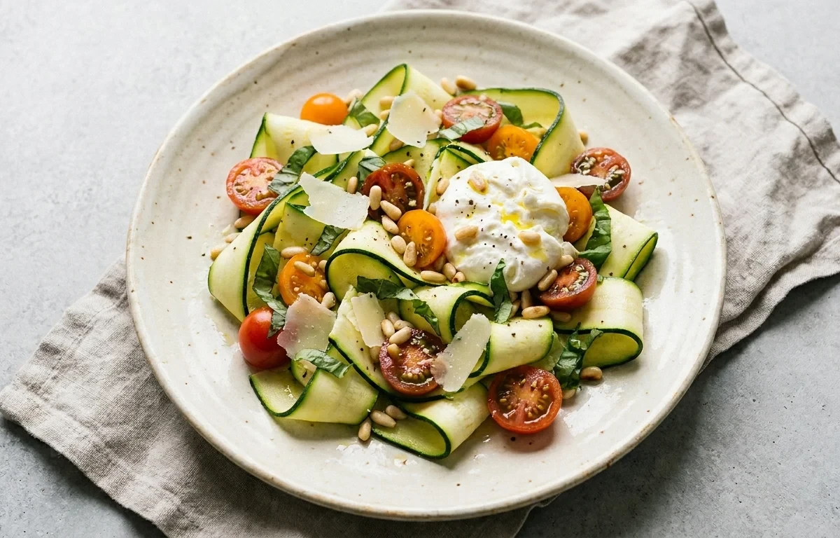 Turkey Pasta with Zucchini Ribbon Salad