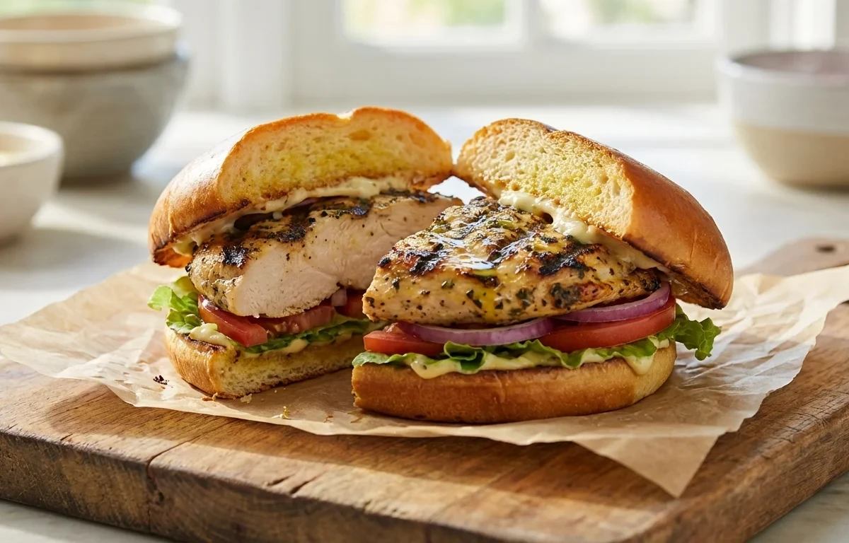 Grilled Chicken Sandwich with Simple Green Salad and Apple Slices