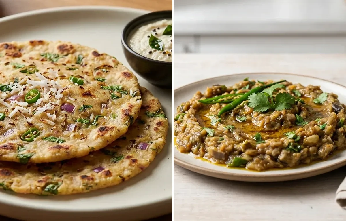 Turkey Spinach Frittata with Akki Roti and Baingan Bharta