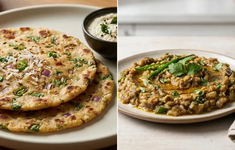 Turkey Spinach Frittata with Akki Roti and Baingan Bharta