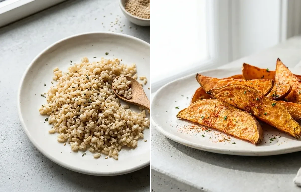Turkey Spinach Frittata with Cooked Brown Rice Half Cup and Vegan Sweet Potato Wedges Baked