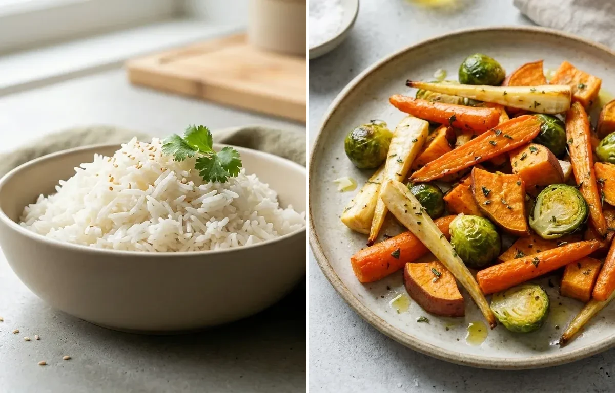 Turkey Spinach Frittata with Cooked White Rice Half Cup and Roasted Veg