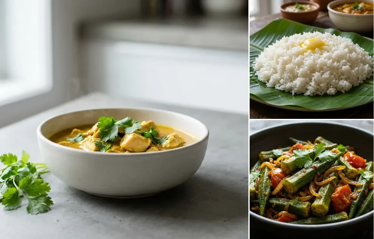 Turmeric Chicken Curry with Steamed White Rice with Bhindi Sabzi