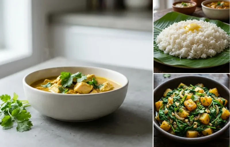 Turmeric Chicken Curry with Steamed White Rice with Paleng Xaak Bhaji