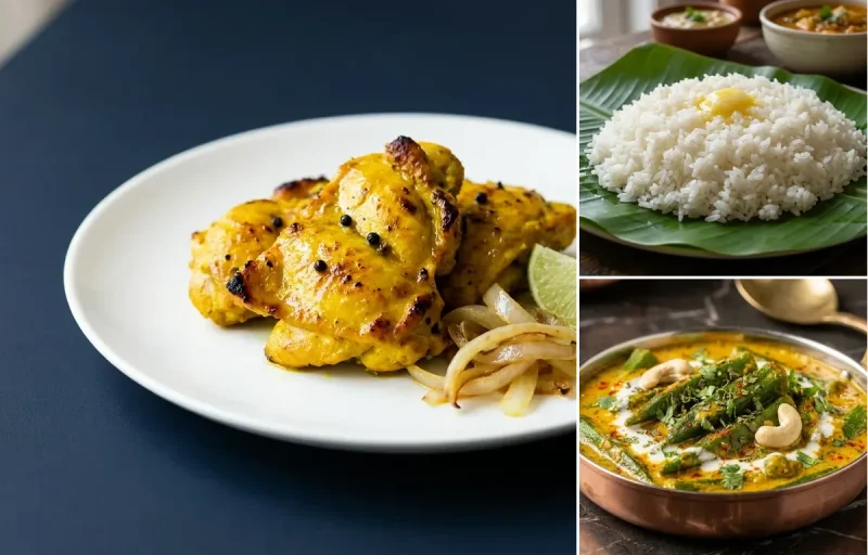 Turmeric Chicken with Steamed White Rice with Shahi Bhindi