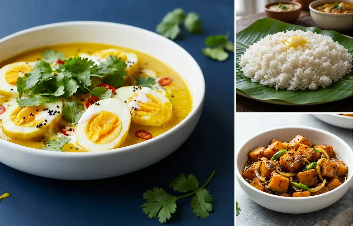 Turmeric Egg Curry with Steamed White Rice with Pumpkin Sabzi