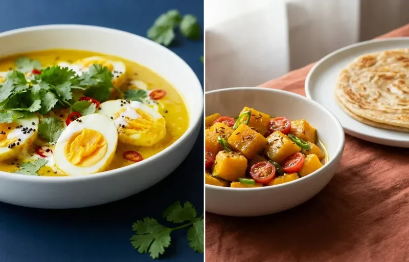 Turmeric Egg Curry with Steamed White Rice with Kaddu Sabzi With Paratha