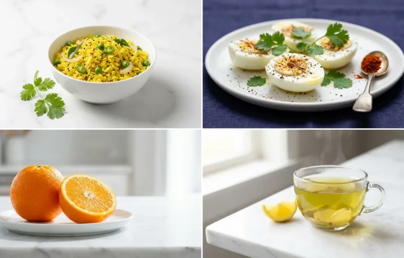 Turmeric Poha with Boiled Egg Whites with Orange with Green Tea