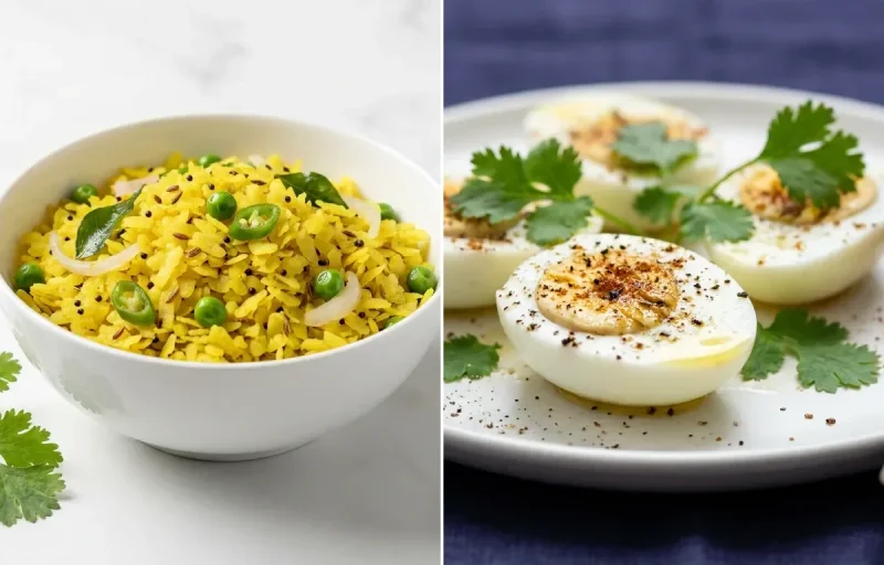 Turmeric Poha with Boiled Egg Whites with Papaya Boat with Green Tea