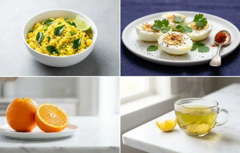 Turmeric Vegetable Upma with Boiled Egg Whites with Orange with Green Tea