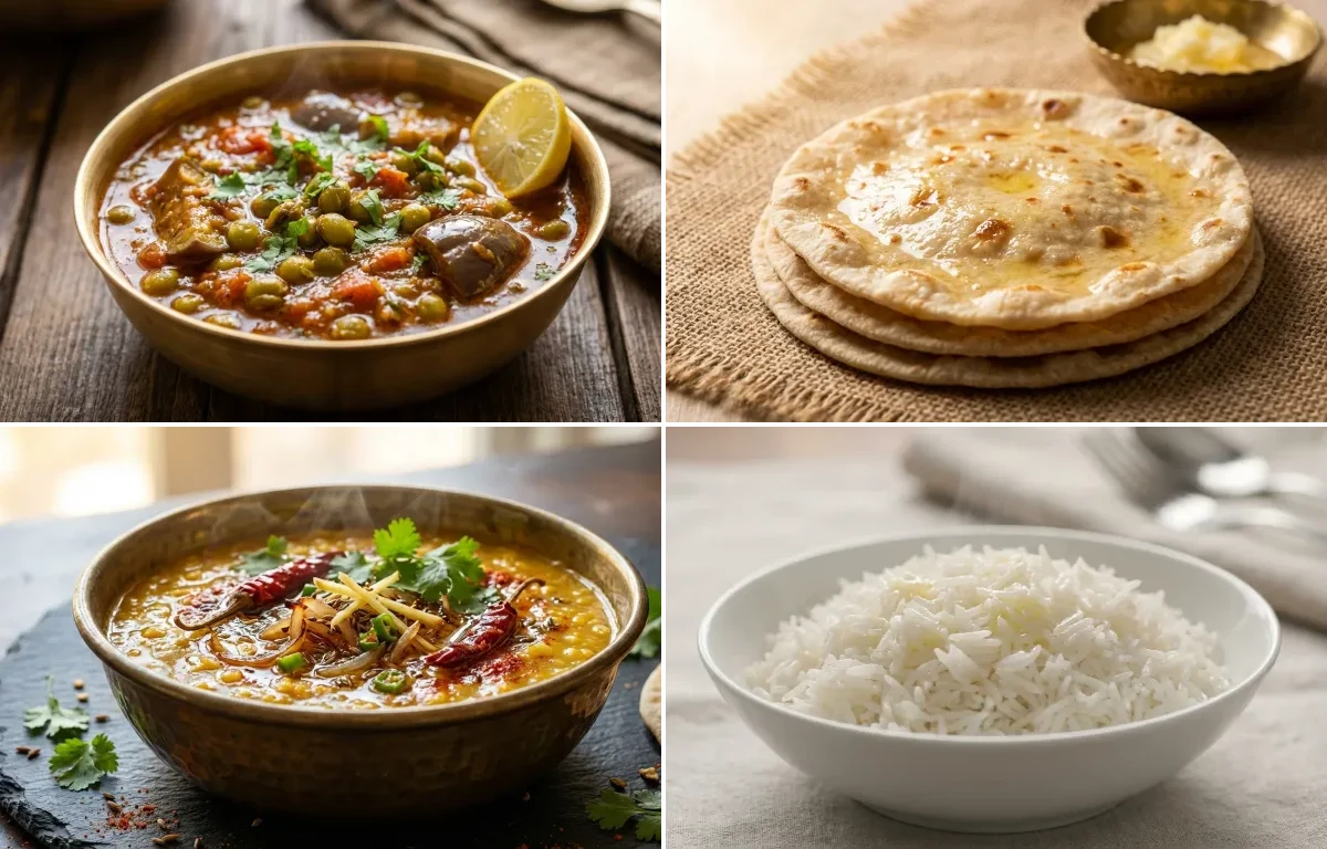 Tuver Ringan nu Shaak with Rotli, Dal Tadka and Steamed Basmati Rice