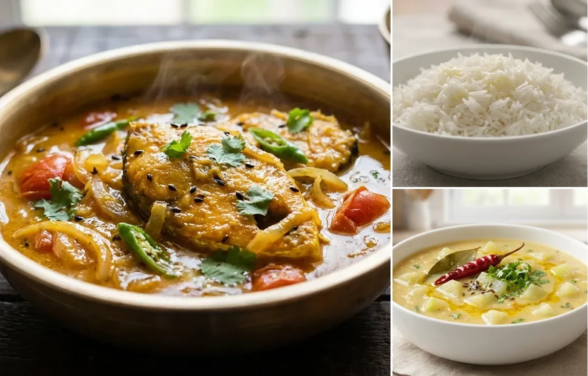 Tyapla Maacher Jhol with Steamed Basmati Rice and Lau Dal