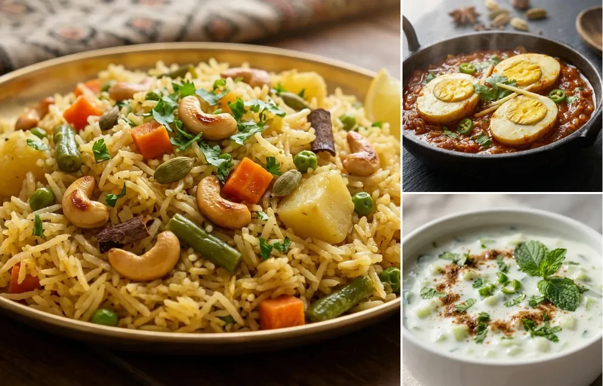 Udupi Vegetable Pulao with Egg Masala Fry and Cucumber Raita