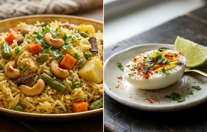 Udupi Vegetable Pulao with Hard Boiled Egg