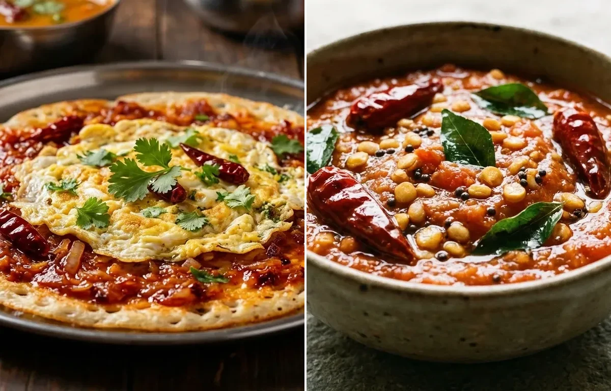 Ulli Karam Egg Dosa with Tomato Chutney
