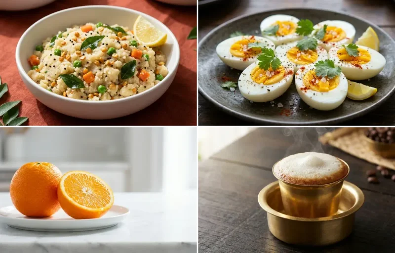 Upma with Boiled Egg with Orange with Filter Coffee
