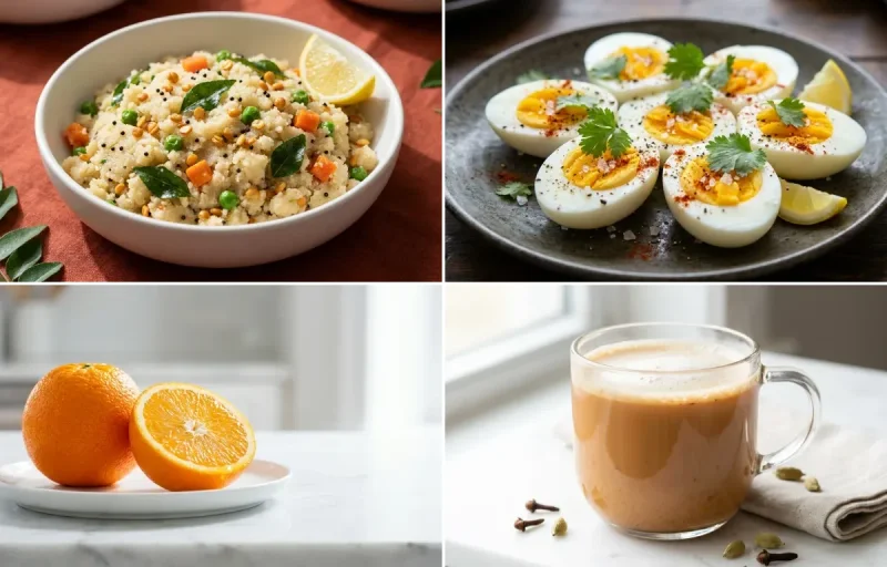 Upma with Boiled Egg with Orange with Masala Chai