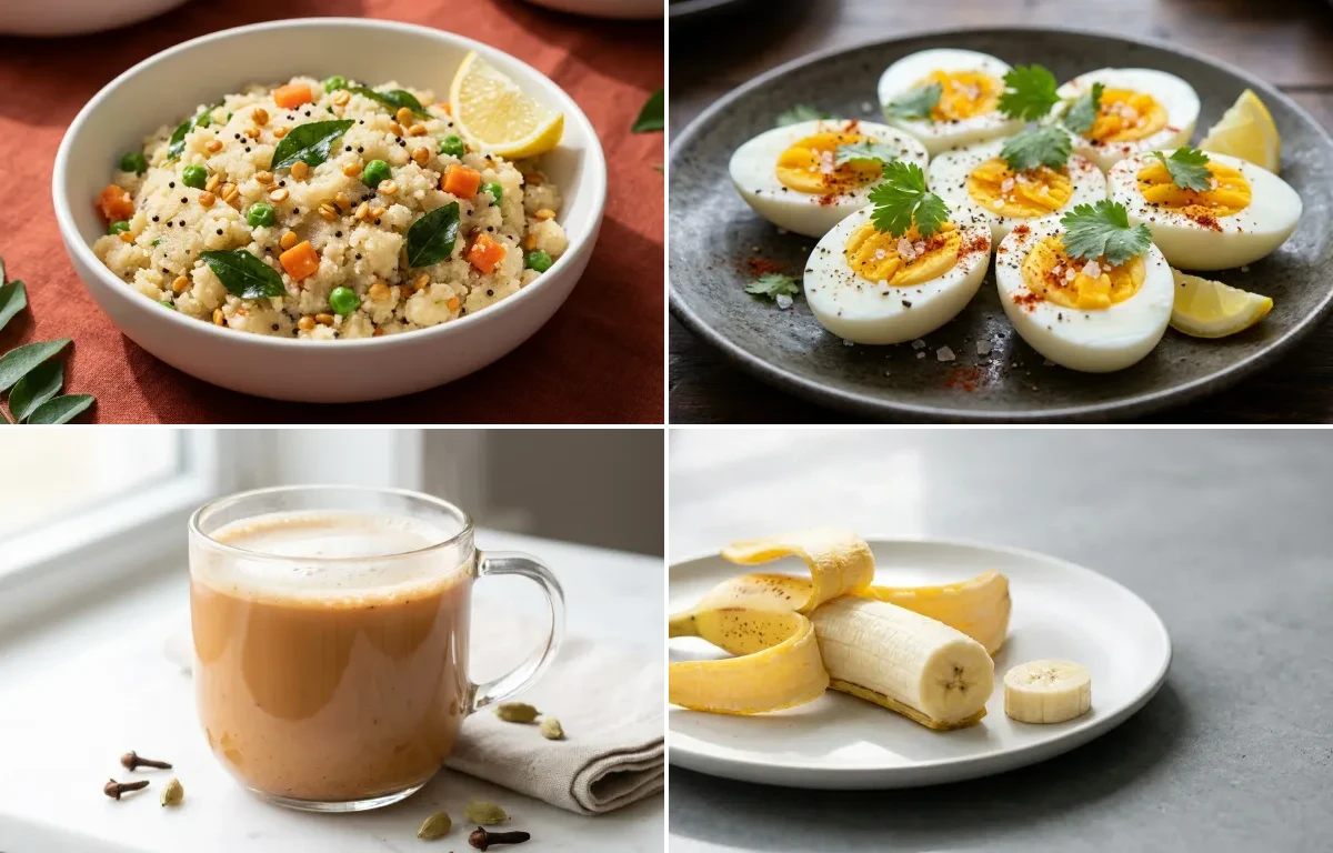 Upma with Boiled Egg with Masala Chai with Banana