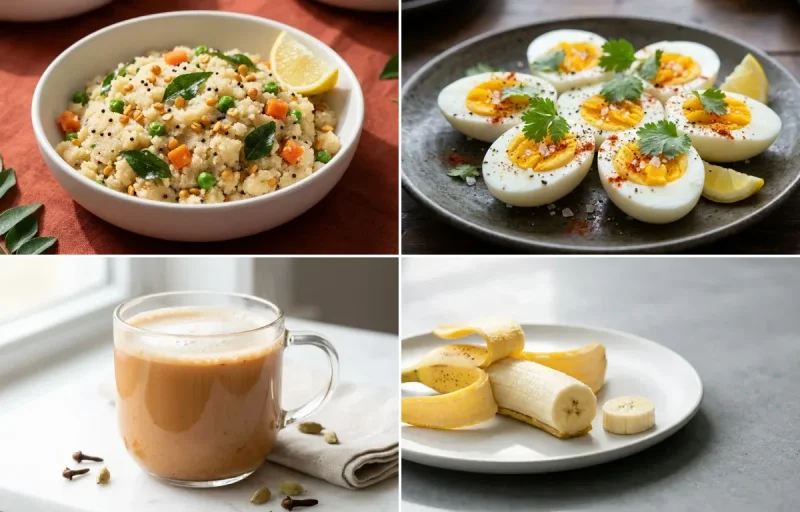 Upma with Boiled Egg with Masala Chai with Banana