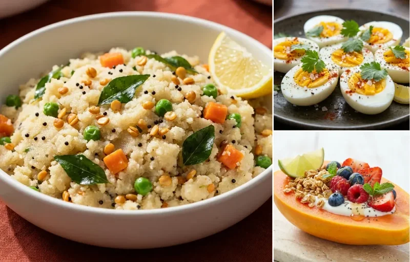 Upma with Boiled Egg with Papaya Boat