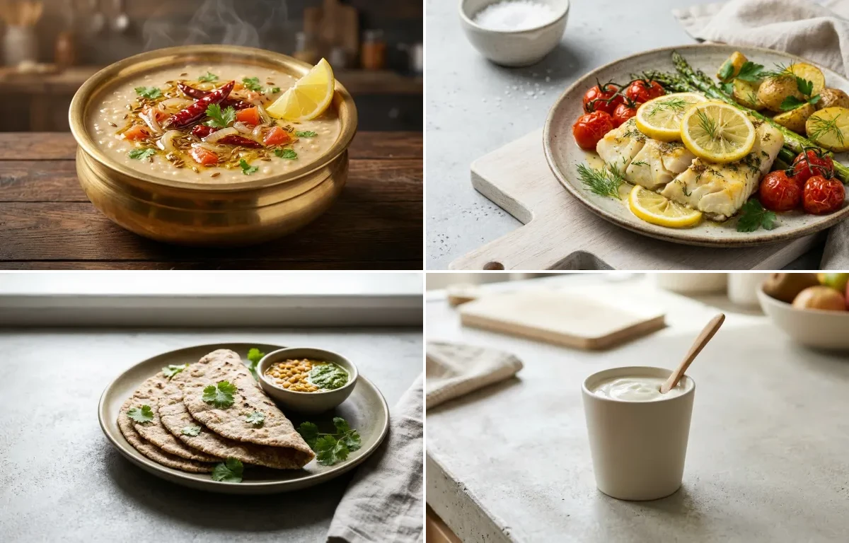 Urad Dal Tadka with Baked Cod With Lemon, Vegan Jowar Roti and Plain Yogurt Cup