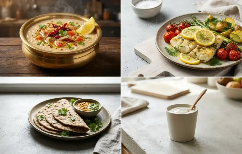 Urad Dal Tadka with Baked Cod With Lemon, Vegan Jowar Roti and Plain Yogurt Cup