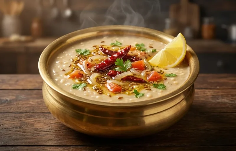 Urad Dal Tadka with Mixed Vegetable Paratha, Egg Bhurji Main, Pomegranate Raita and Tamarind Date Chutney