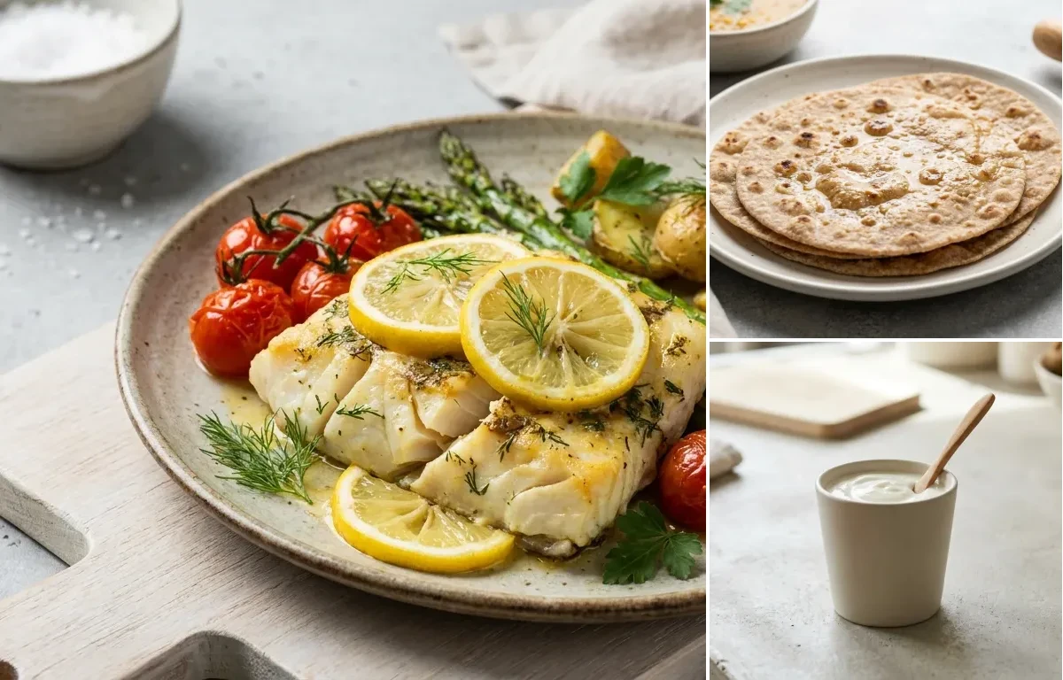 Urad Dal with Baked Cod With Lemon, No-Salt Whole Wheat Roti and Plain Yogurt Cup
