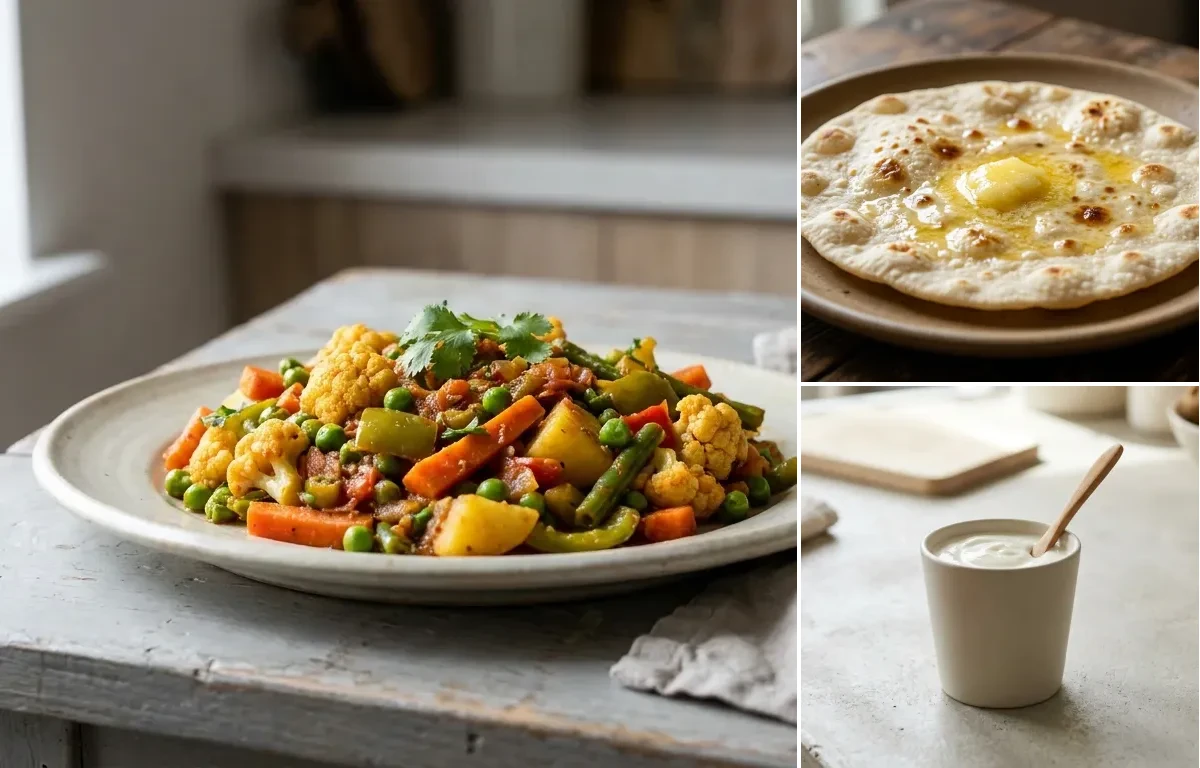 Urad Dal with Mixed Vegetable Sabzi, Jowar Roti and Plain Yogurt Cup