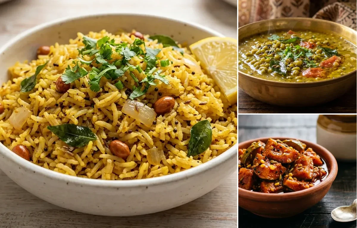 Vagharelo Bhaat with Gujarati Moong Curry and Mango Pickle