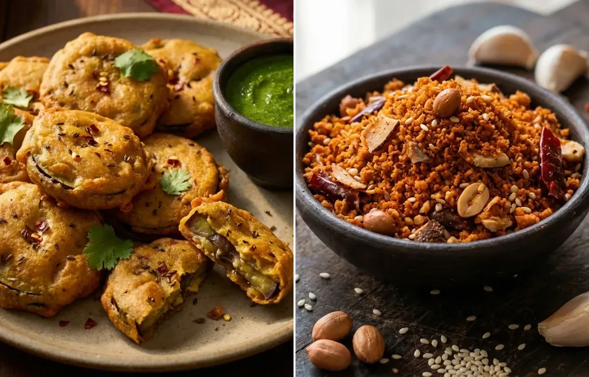 Vangan ja Pakora with Dry Garlic Chutney