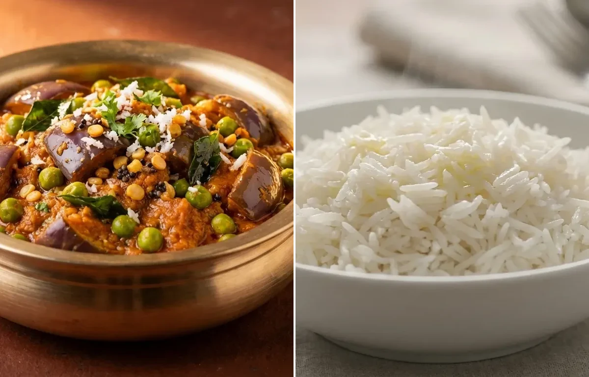 Vankaya Batani Kura with Steamed Basmati Rice